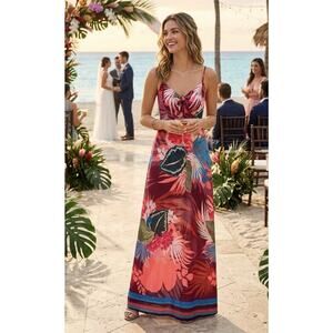Express Colorful Tropical Leaf Print Tie Spaghetti Strap Maxi Dress, size M